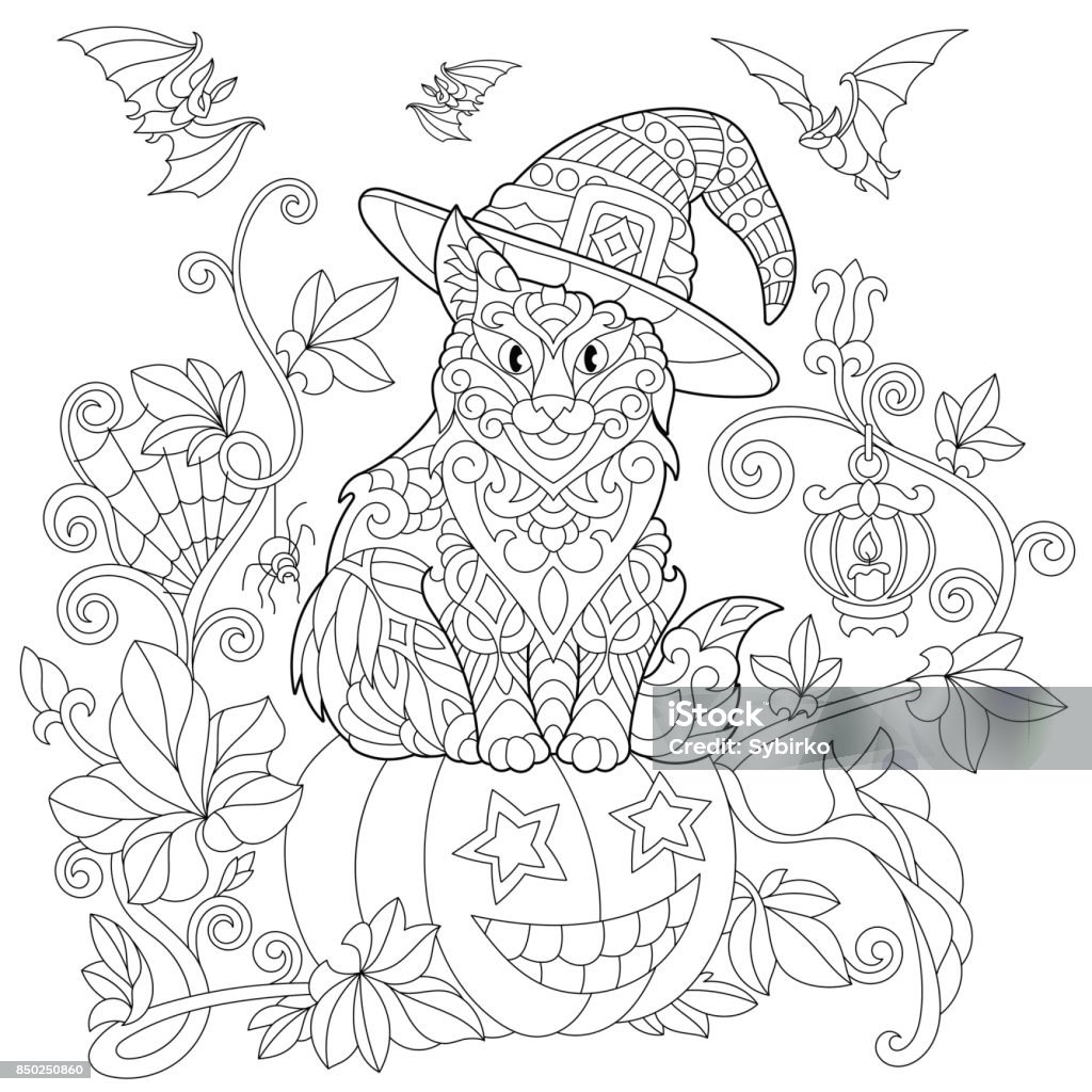 Halloween cat and pumpkin Halloween cat in a hat sitting on a pumpkin, flying bats, spider, lantern with a candle. Freehand sketch for adult coloring book page. Halloween stock vector