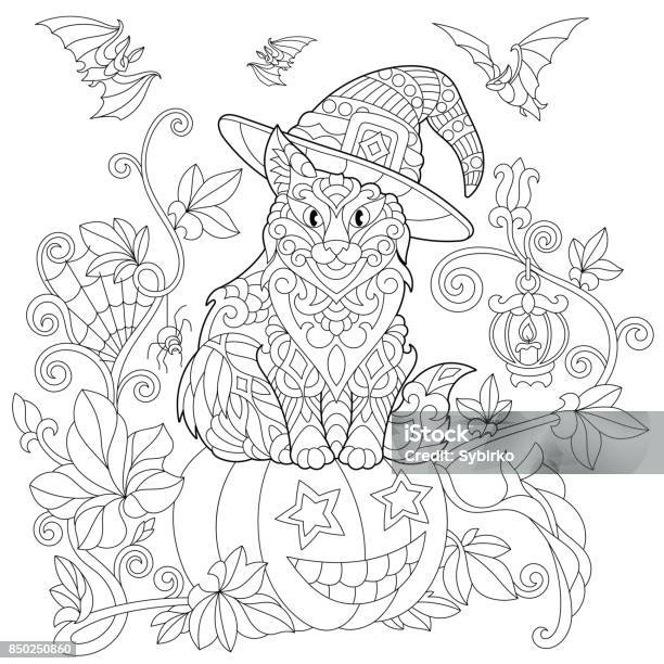 Halloween Cat And Pumpkin Stock Illustration - Download Image Now - Halloween, Coloring Book Page - Illlustration Technique, Coloring