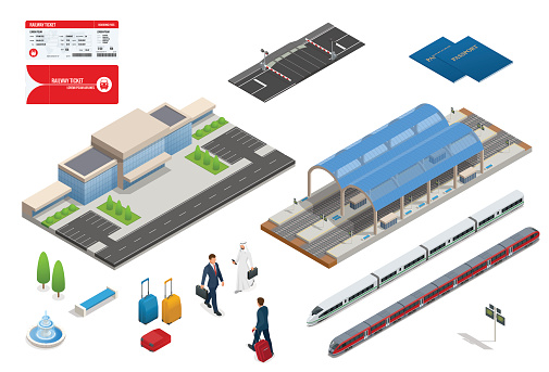 Vector isometric set railroad objects, buildings, plants, cars, road paths and other urban items and elements. Subway train collection. Vehicles designed to carry large numbers of passengers
