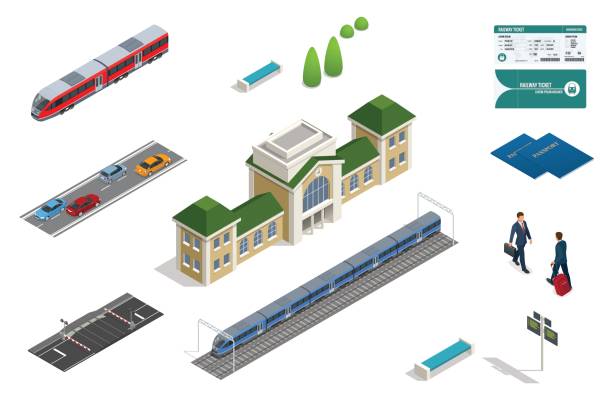 Vector isometric set railroad objects, buildings, plants, cars, road paths and other urban items and elements. Subway train collection. Vehicles designed to carry large numbers of passengers. Vector isometric set railroad objects, buildings, plants, cars, road paths and other urban items and elements. Subway train collection. Vehicles designed to carry large numbers of passengers train stations stock illustrations