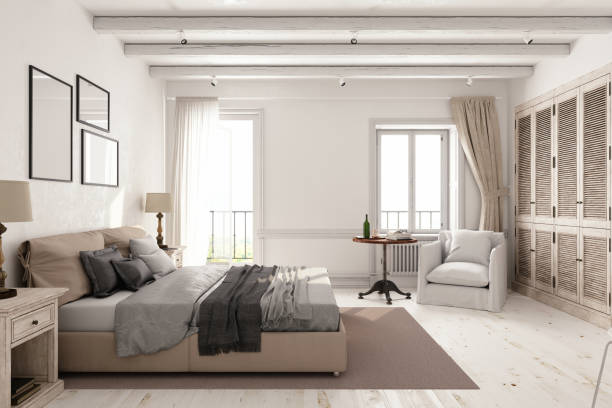 classica camera da letto scandinava - contemporary bed luxury hotel room foto e immagini stock