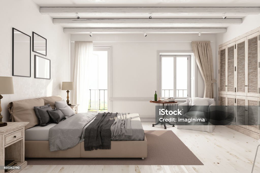 Classic Scandinavian Bedroom Interior of a classic Scandinavian bedroom. Bedroom Stock Photo