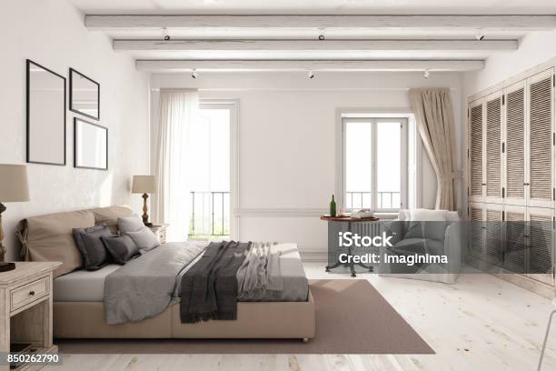 Classic Scandinavian Bedroom Stock Photo - Download Image Now - Bedroom, Mattress, Indoors