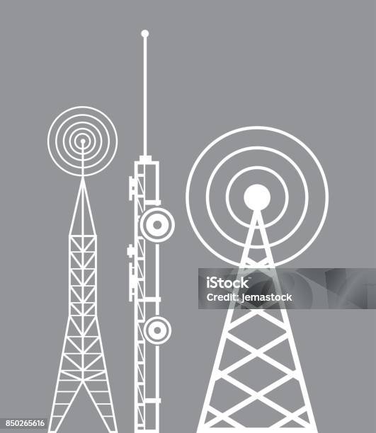 Towers Telecommunication Television Radio Stock Illustration - Download Image Now - Repeater Tower, Communications Tower, Wave Pattern