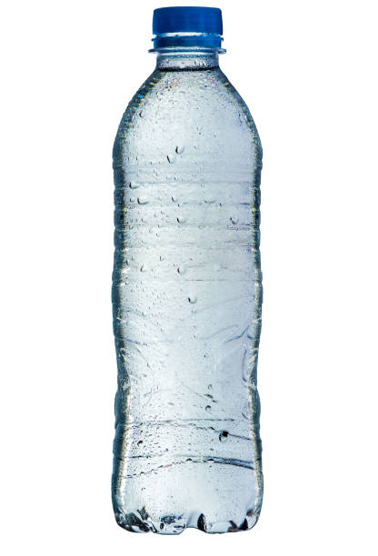 Plastic blue water bottle wet with water droplets, full, closed, isolated on white background
