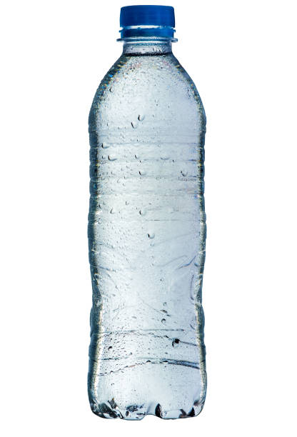 plastic blue water bottle wet with water droplets, full, closed, isolated on white background - water bottle cold purified water imagens e fotografias de stock