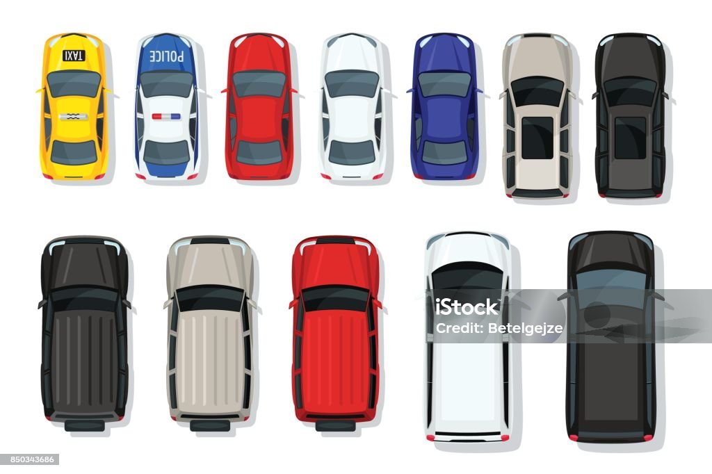Set of vector cars top view. Flat style city transport. Vehicle icons isolated. Multicolor car illustration from top. Set of vector cars top view. Flat style city transport. Vehicle icons isolated. Multicolor car illustration from top. Street traffic and transport elements. Car stock vector