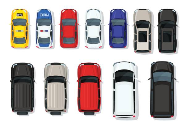 Set of vector cars top view. Flat style city transport. Vehicle icons isolated. Multicolor car illustration from top. Set of vector cars top view. Flat style city transport. Vehicle icons isolated. Multicolor car illustration from top. Street traffic and transport elements. auto stock illustrations