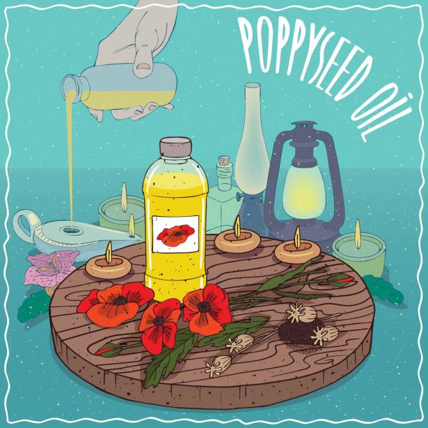 ilustrações de stock, clip art, desenhos animados e ícones de poppyseed oil used as fuel for oil lamp - plastic poppy