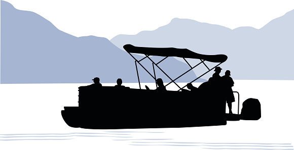 Silhouette vector illustration of people boating on the lake with hills in the background