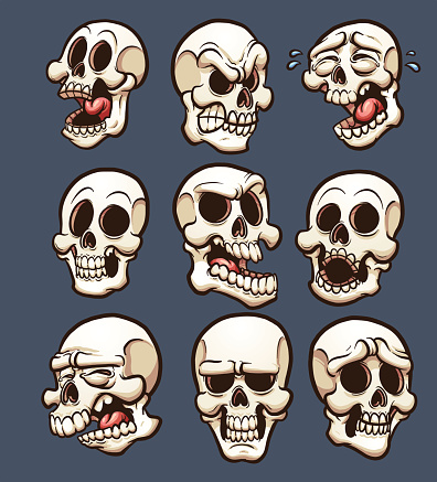 Cartoon skulls with different emotions. Vector clip art illustration with simple gradients. Each on a separate layer.