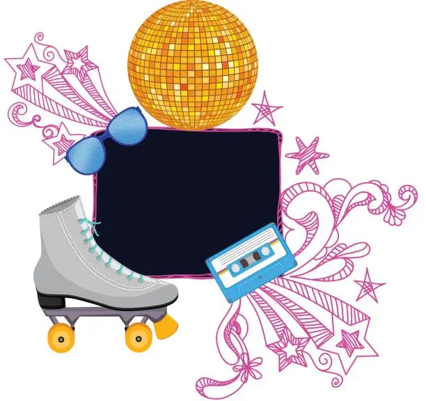 Vector illustration of 80s Roller Skates Cassette Spectacle Disco Ball And Doodle Frame