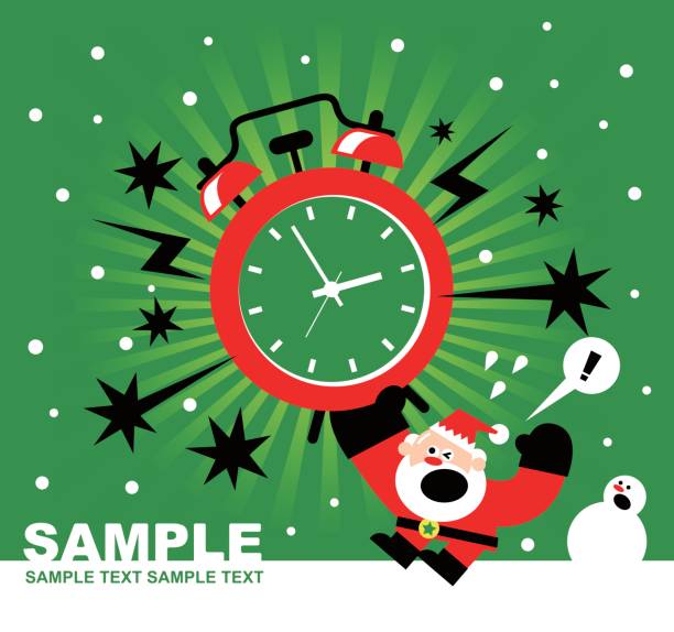 クリスマスとお正月が来て、サ�ンタ クロース、雪だるま、巨大な目覚まし時計が鳴って (ストライプ) の放射線バック グラウンド - clock vector checking the time red点のイラスト素材／クリップアート素材／マンガ素材／アイコン素材
