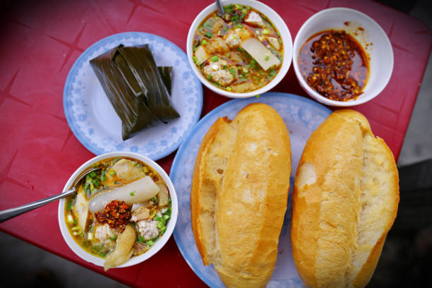 Simple breakfast with Bread and hot meat balls soup