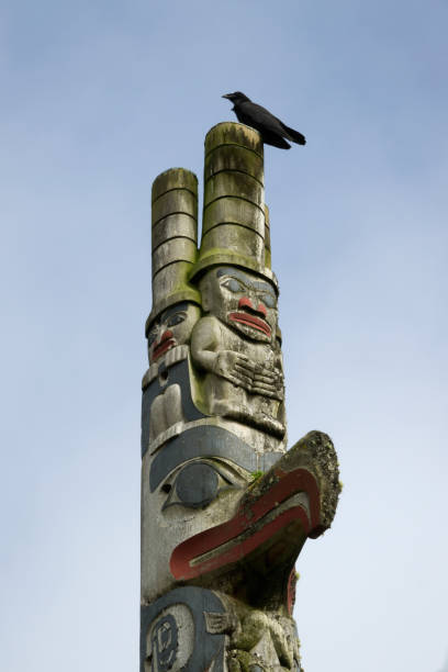 Raven perched top totem pole Old Massett Haida Gwaii British Columbia On Raven Avenue in town of Old Massett, a wild raven bird sits atop a totem pole with three carved watchmen and a raven, Haida Gwaii or Queen Charlotte Islands, British Columbia, Canada. haida gwaii totem poles stock pictures, royalty-free photos & images