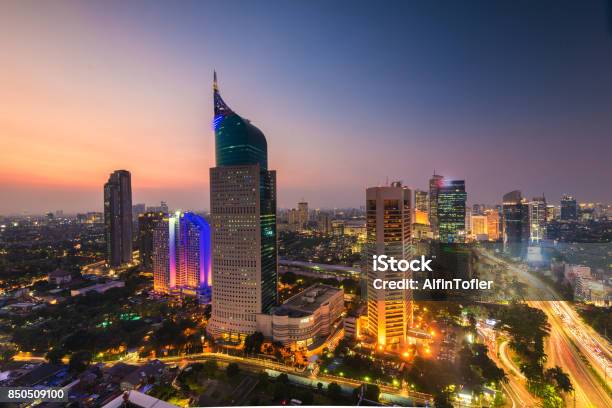 Colorfull Jakarta Skyline At Dawn Stock Photo - Download Image Now - Wisma Mulia, Jakarta, Architecture