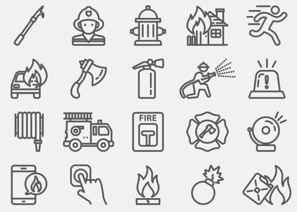 ilustrações de stock, clip art, desenhos animados e ícones de fire department line icons - bombeiro