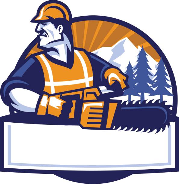 illustrations, cliparts, dessins animés et icônes de homme travailleur avec la scie à chaîne - tronçonneuse