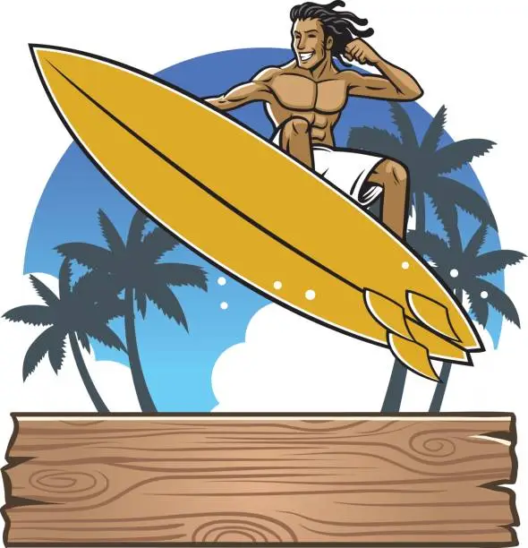 Vector illustration of man surfing at the beach with wood plank sign