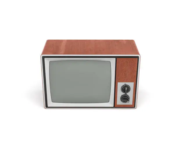 3d rendering of a turned-off retro TV with a big screen and two rotary switches. TV shows. Old-school appliances. Retro interior.