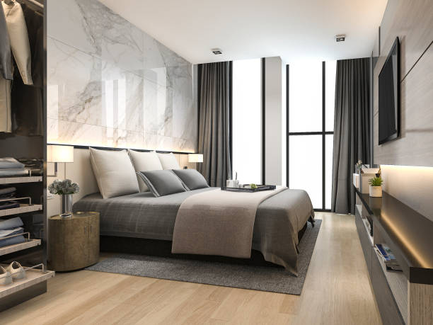 luxo de renderização 3d e moderna sala de estar com sofá de couro de bom design - hotel bedroom contemporary hotel room - fotografias e filmes do acervo