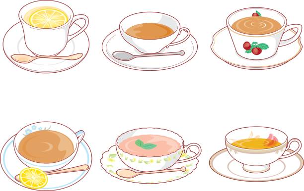 다양 한 음료의 삽화 - black tea dishware plate cup stock illustrations