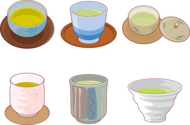 abbildungen verschiedener getränke - japanese tea cup stock-grafiken, -clipart, -cartoons und -symbole