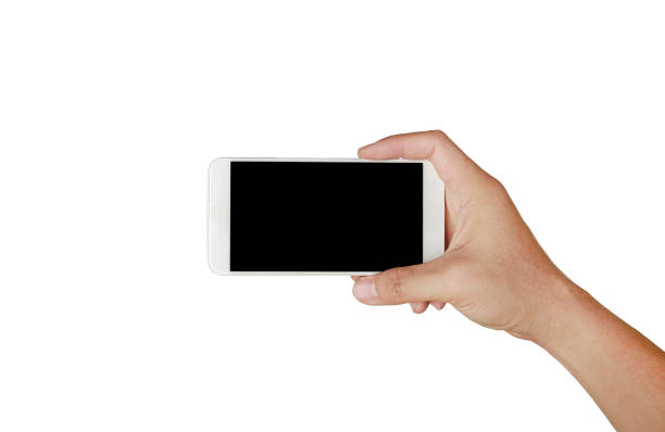 istock One hand holding mobile smartphone with black screen. Mobile photography concept. Isolated on white. 850653132