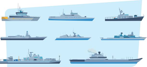 ilustrações, clipart, desenhos animados e ícones de conjunto de navios em estilo moderno simples: navios, barcos, ferries - ferry container ship cruise sailing ship