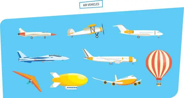 Vector illustration of Air vehicles: missile, hang-glider, helicopter, airship, balloon, paraglider, glider, aircraft