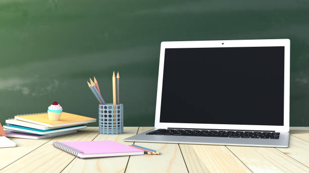 istock Notebook with laptop with pencil on the wooden table 3d render 850663142