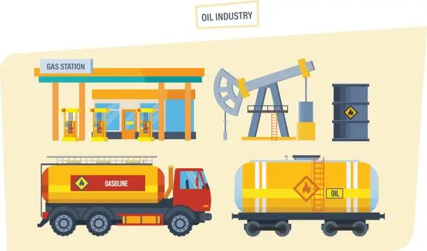 Vector illustration of Gas station, drilling rig for oil, machine for transportation oil