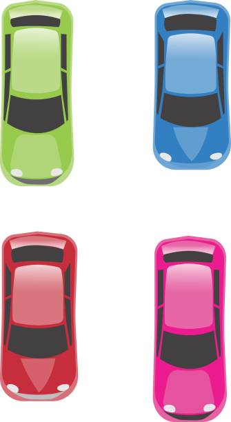 ilustrações de stock, clip art, desenhos animados e ícones de set of different color cars view from above - vista aérea de carro recorte