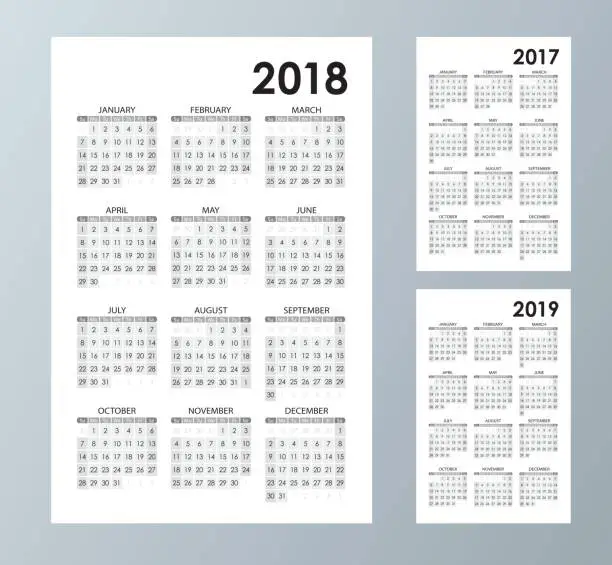 Vector illustration of Black and white color simple Calendar template for 2017, 2018 and 2019. Week starts from Sunday.