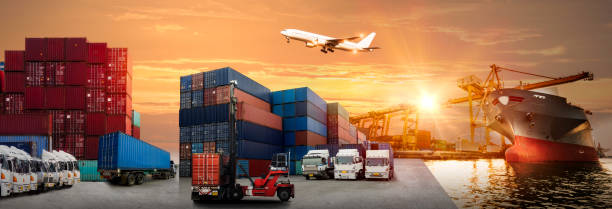 istock Logistics and transportation of Container Cargo ship and Cargo plane with working crane bridge in shipyard 850684322