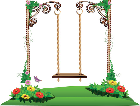 A wooden swing in the garden. Isolated Vector Illustration.