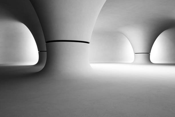 istock Abstract interior design of modern showroom with empty gray floor and smooth concrete wall background, Future architecture or alien house 850692220