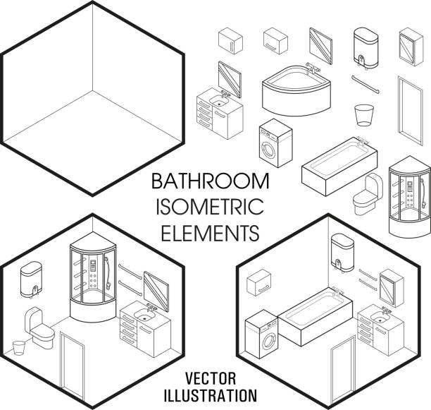 等尺性浴室内部コンス トラクターです。ホーム インテリアに孤立した白い背景の等尺性の家具の要素のベクトルを設定します。平らな 3 d 設計テンプレート - level construction isolated on white nobody点のイラスト素材／クリップアート素材／マンガ素材／アイコン素材