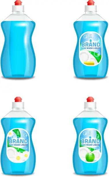 Vector illustration of Vector set of realistic dishwashing liquid product icons isolated on background. Plastic bottle label design. Washing-up liquid or dishwashing soap brand advertising templates