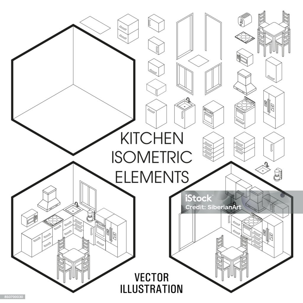 Isometric kitchen interior constructor. Vector set of isometric Furniture elements of home interior isolated on white background. Flat 3d design template Isometric kitchen interior constructor. Vector set of isometric Furniture elements of home interior isolated on white background. Flat 3d design template. Isometric Projection stock vector