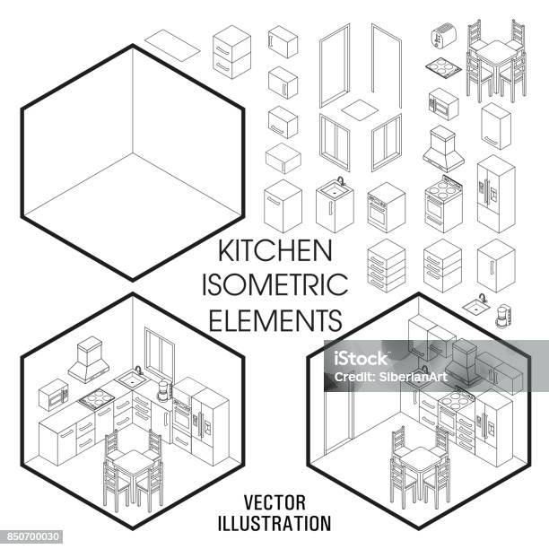 Isometric Kitchen Interior Constructor Vector Set Of Isometric Furniture Elements Of Home Interior Isolated On White Background Flat 3d Design Template Stock Illustration - Download Image Now