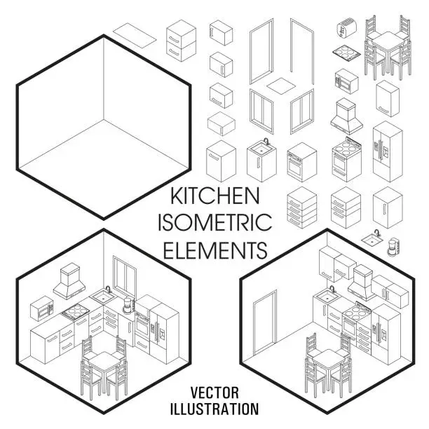 Vector illustration of Isometric kitchen interior constructor. Vector set of isometric Furniture elements of home interior isolated on white background. Flat 3d design template