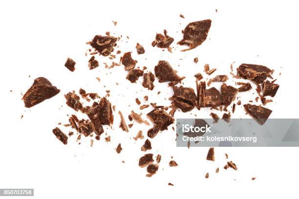 Grated Chocolate Isolated On White Background Top View Stock Photo - Download Image Now