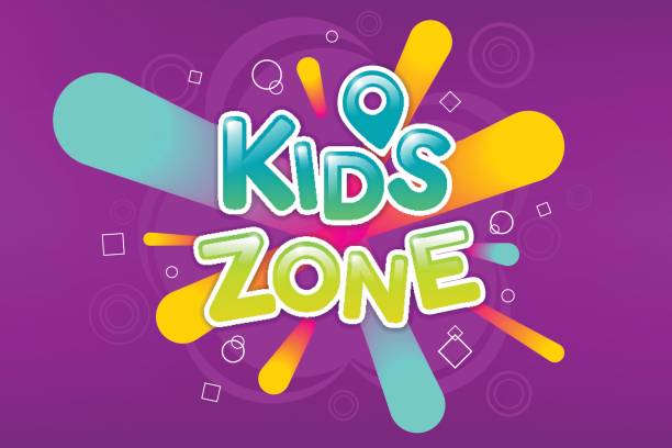 ilustrações de stock, clip art, desenhos animados e ícones de kids zone colorful banner. caramel text on background of colored sprays. poster for children's playroom. bright decoration for childish playground. vector eps 10. - childs game