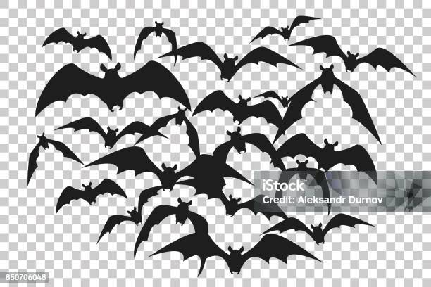 Black Silhouette Of Flock Of Bats Bunch Of Bats Isolated On Transparent Background Halloween Traditional Design Element Vector Illustration Stock Illustration - Download Image Now