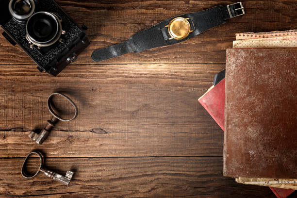 Vintage objects on a wooden background