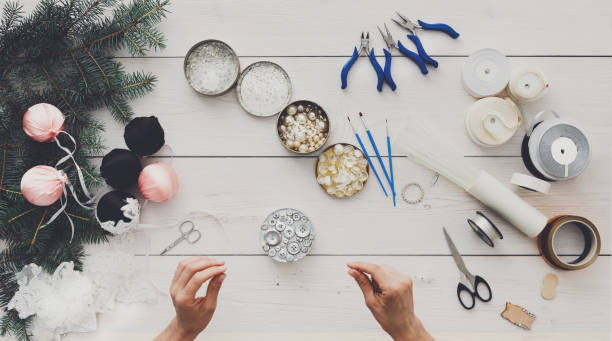 istock Creative diy hobby. Handmade christmas decoration, balls and gar 850718300