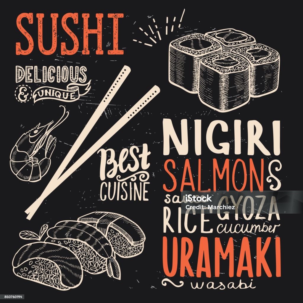 Sushi poster for restaurant. Sushi menu for restaurant and cafe. Design template with food hand-drawn graphic illustrations. Sushi stock vector