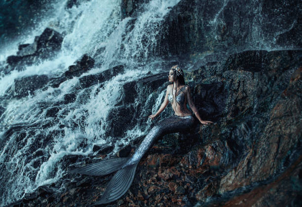 Photo of a real mermaid The real mermaid is resting on the ocean shore. Silver tail, the body is covered with scales. Creative colors river swimming women water stock pictures, royalty-free photos & images