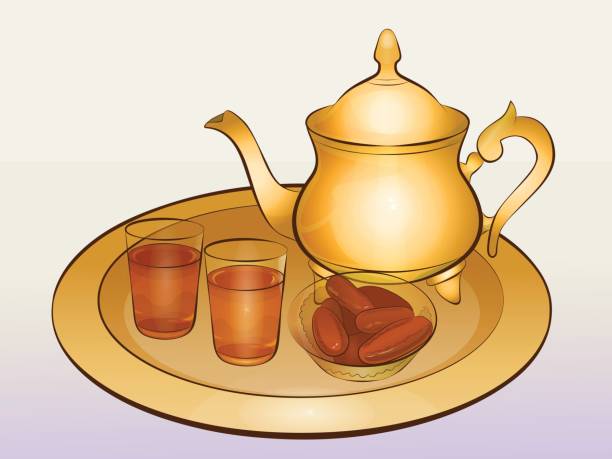 напоитная жизнь с золотым чайником и датами - afternoon tea teapot tea moroccan culture stock illustrations